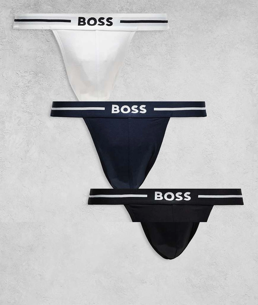 Boss Bodywear Bold 3 pack logo waistband jockstraps in black/white/navy-Multi
